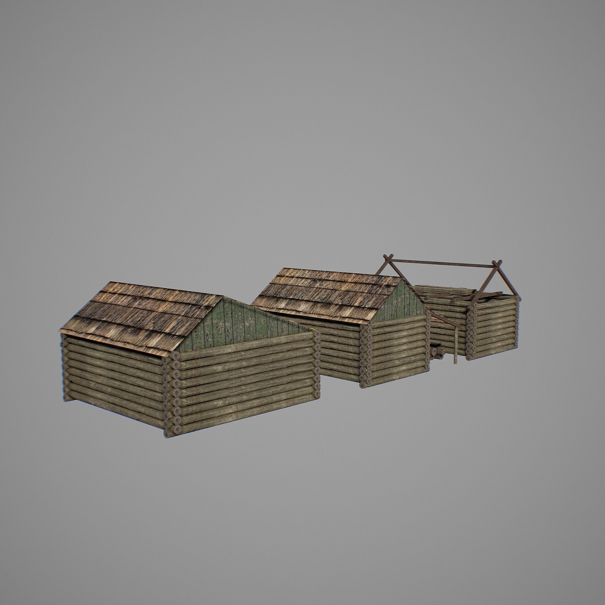 Sawmill three wooden huts Low-poly 3D model_9