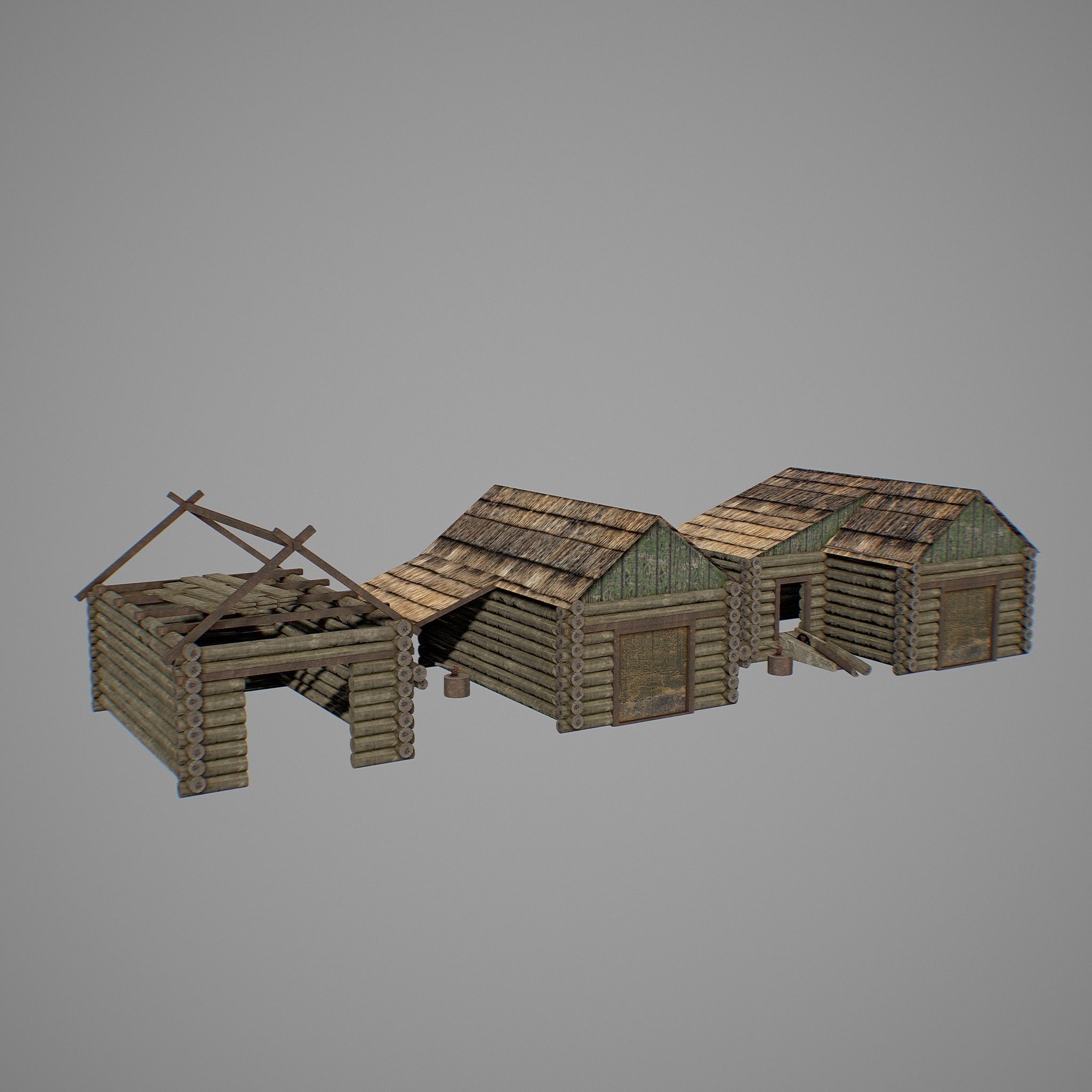 Sawmill three wooden huts Low-poly 3D model_5
