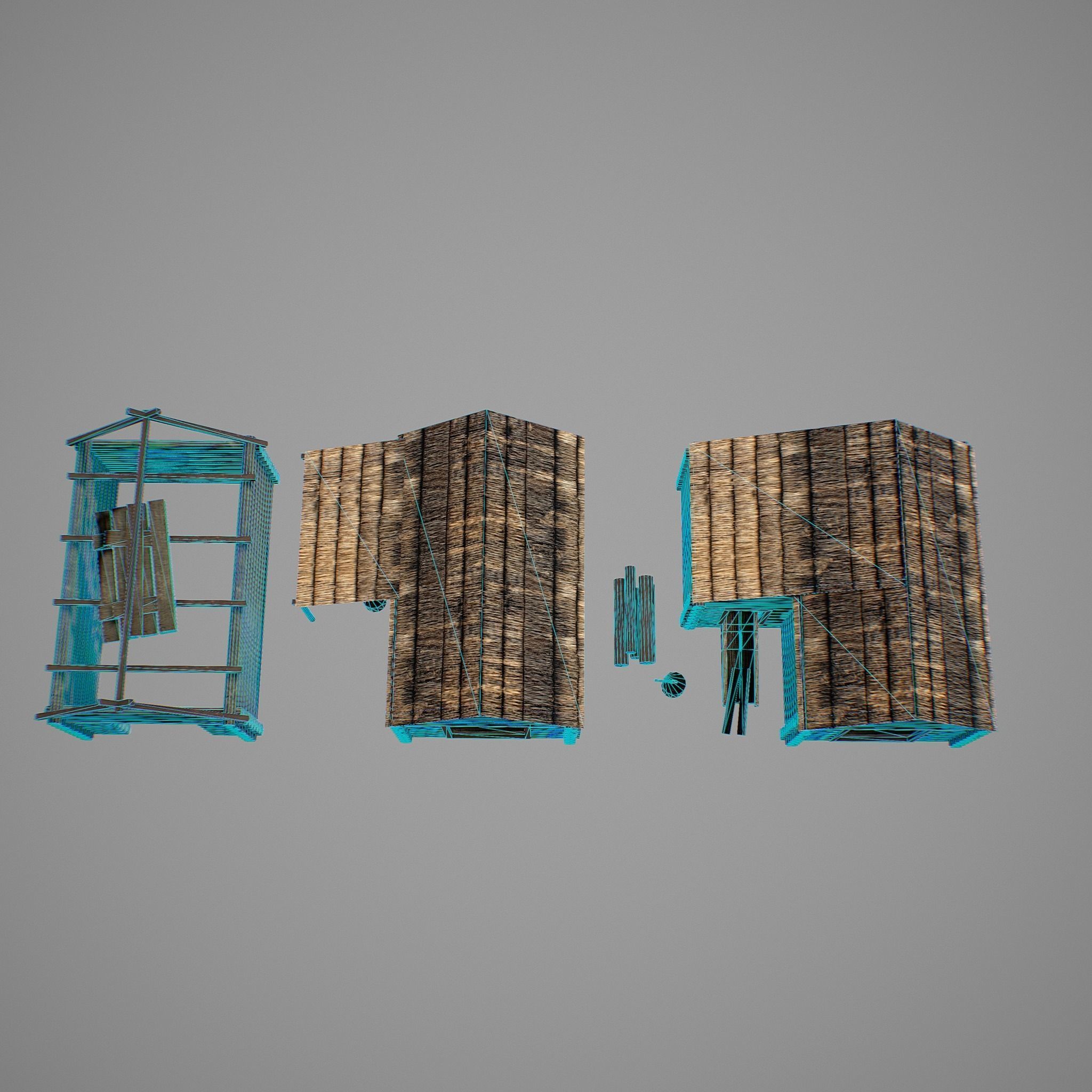 Sawmill three wooden huts Low-poly 3D model_8