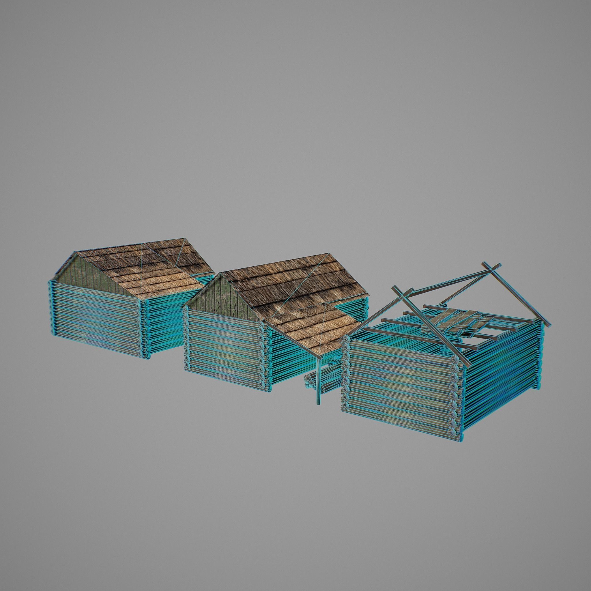 Sawmill three wooden huts Low-poly 3D model_10