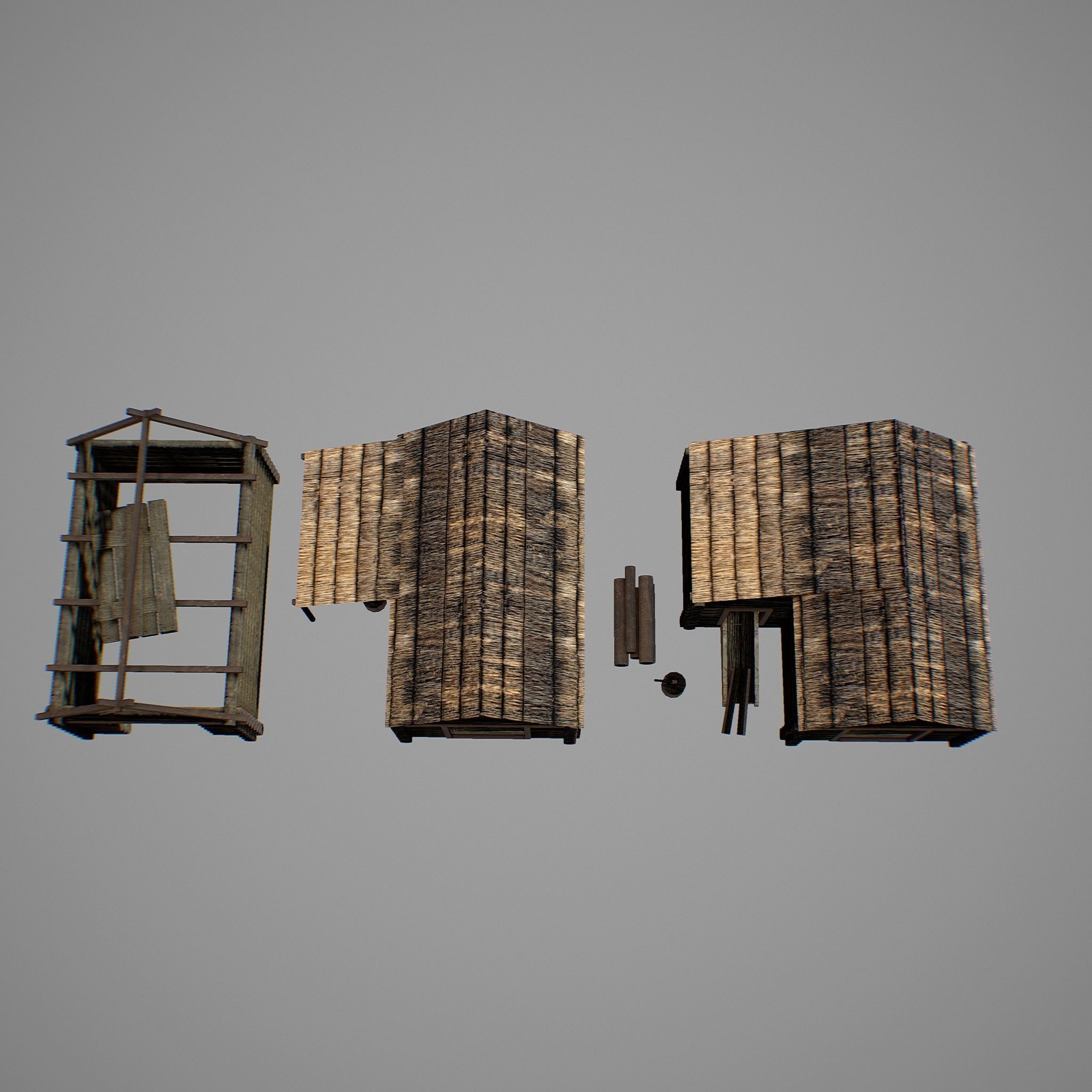 Sawmill three wooden huts Low-poly 3D model_7
