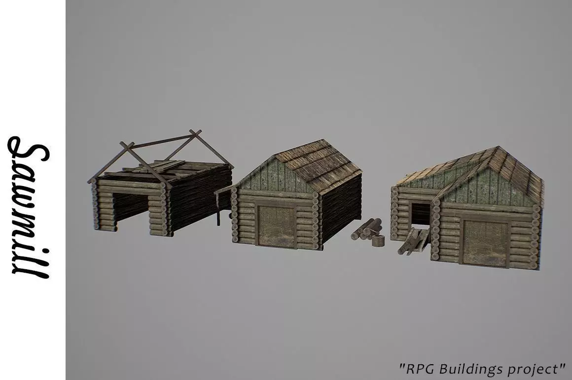 Sawmill three wooden huts Low-poly 3D model_0