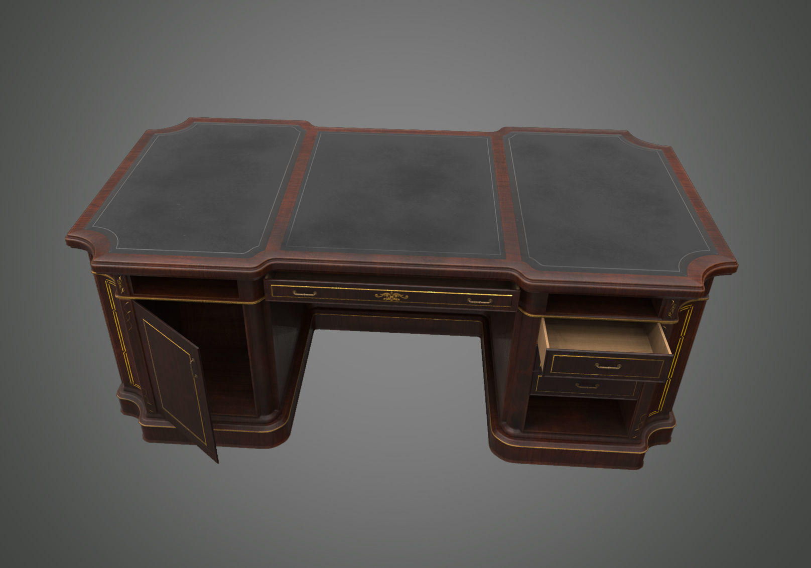 Classical wooden writing table  Low-poly 3D model_10