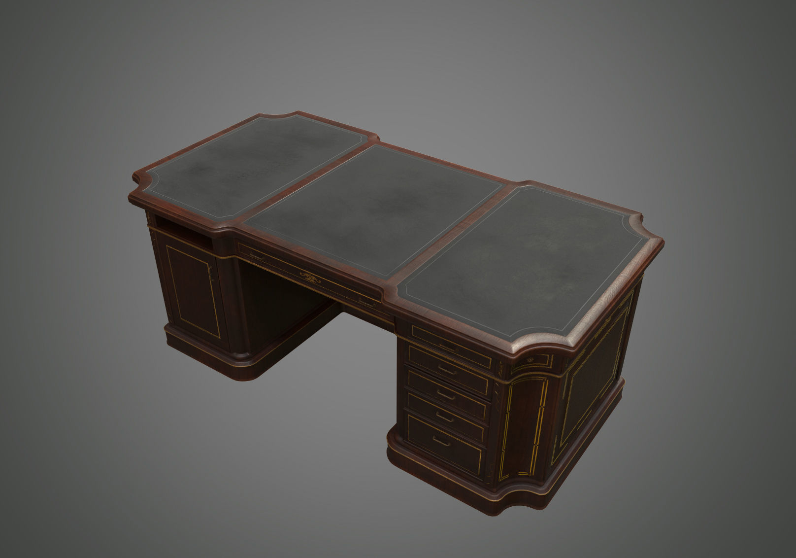 Classical wooden writing table  Low-poly 3D model_1