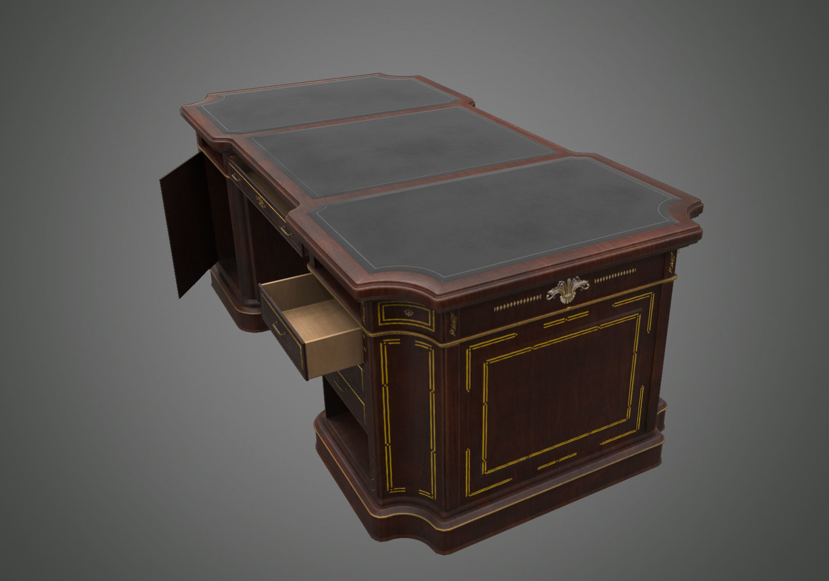 Classical wooden writing table  Low-poly 3D model_11