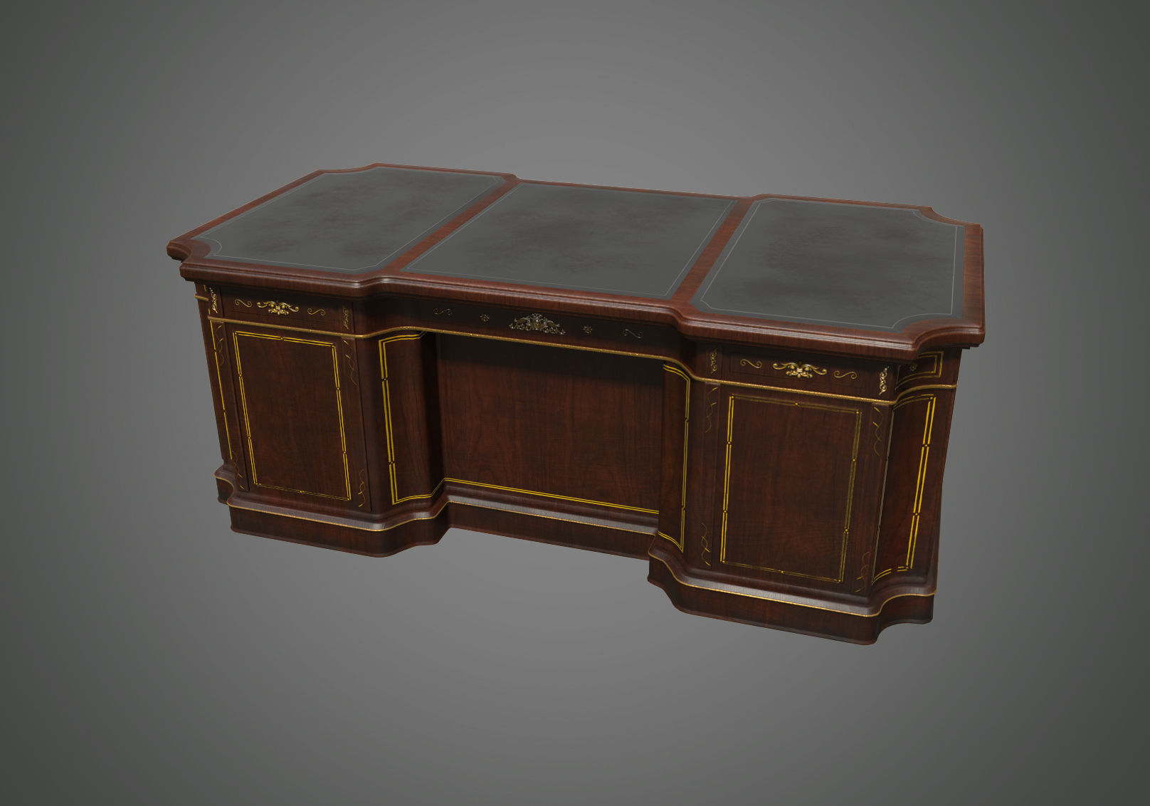Classical wooden writing table  Low-poly 3D model_2