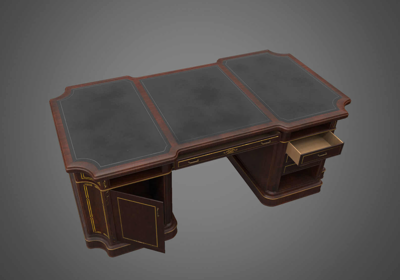 Classical wooden writing table  Low-poly 3D model_12