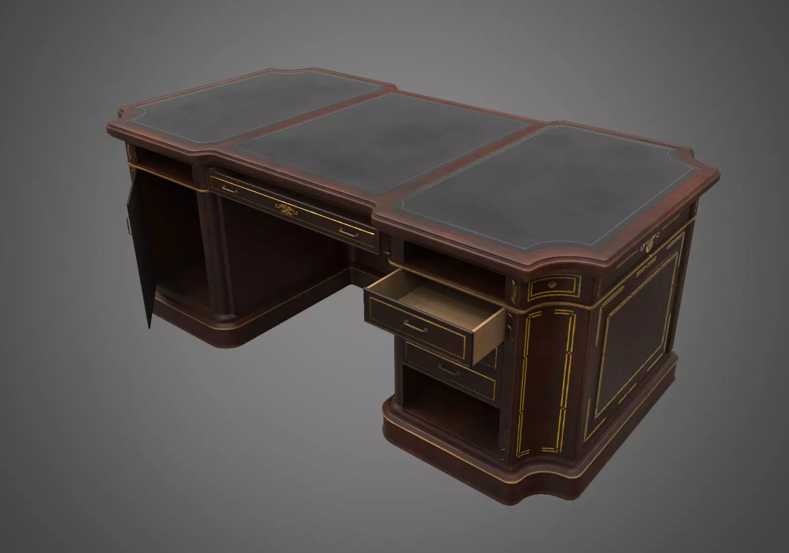 Classical wooden writing table  Low-poly 3D model_0