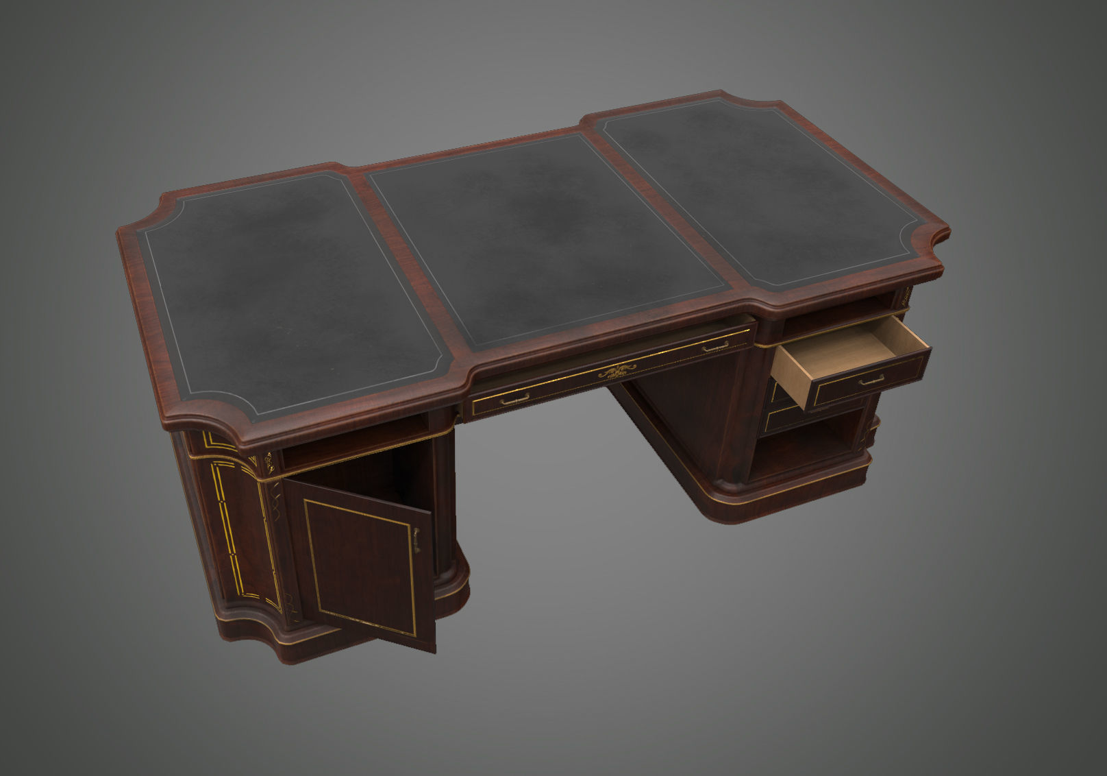 Classical wooden writing table  Low-poly 3D model_3