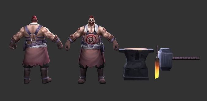 Blacksmith character with axe and hammer Low-poly 3D model