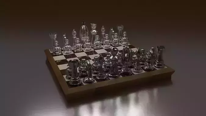 Chess board with silver pieces