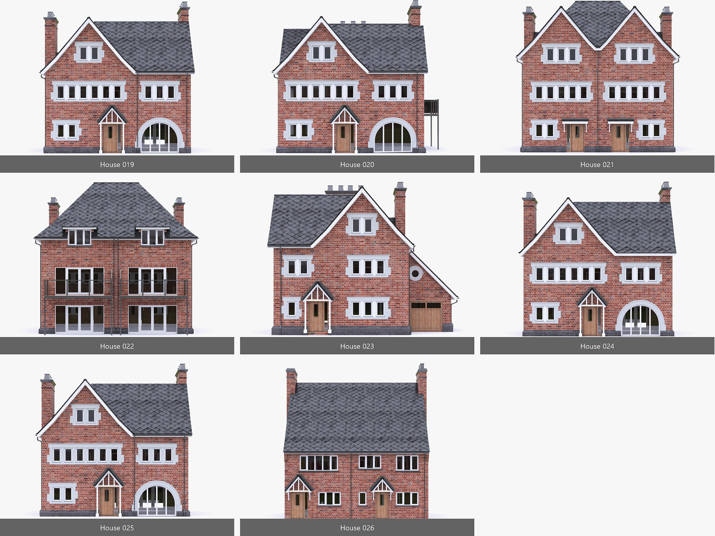 English Brick Houses Collection - 26 Pack Low-poly 3D model_3