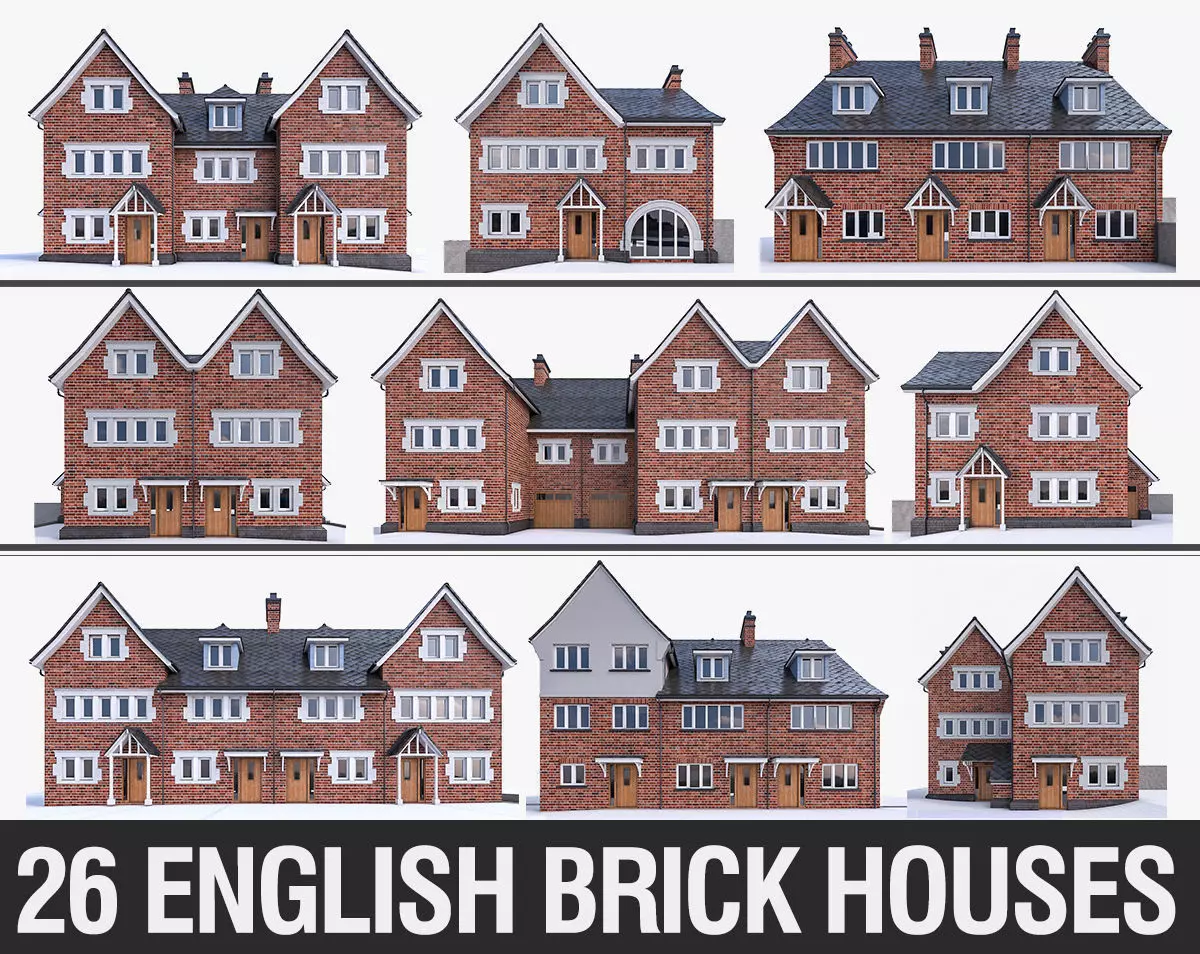 English Brick Houses Collection - 26 Pack Low-poly 3D model_0