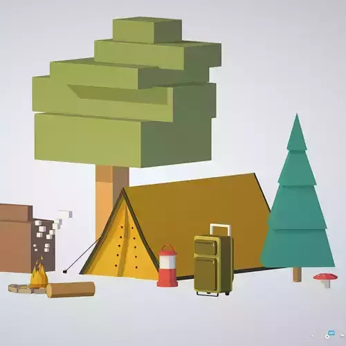 isometric objects tourism cooking BBQ tent fire ax