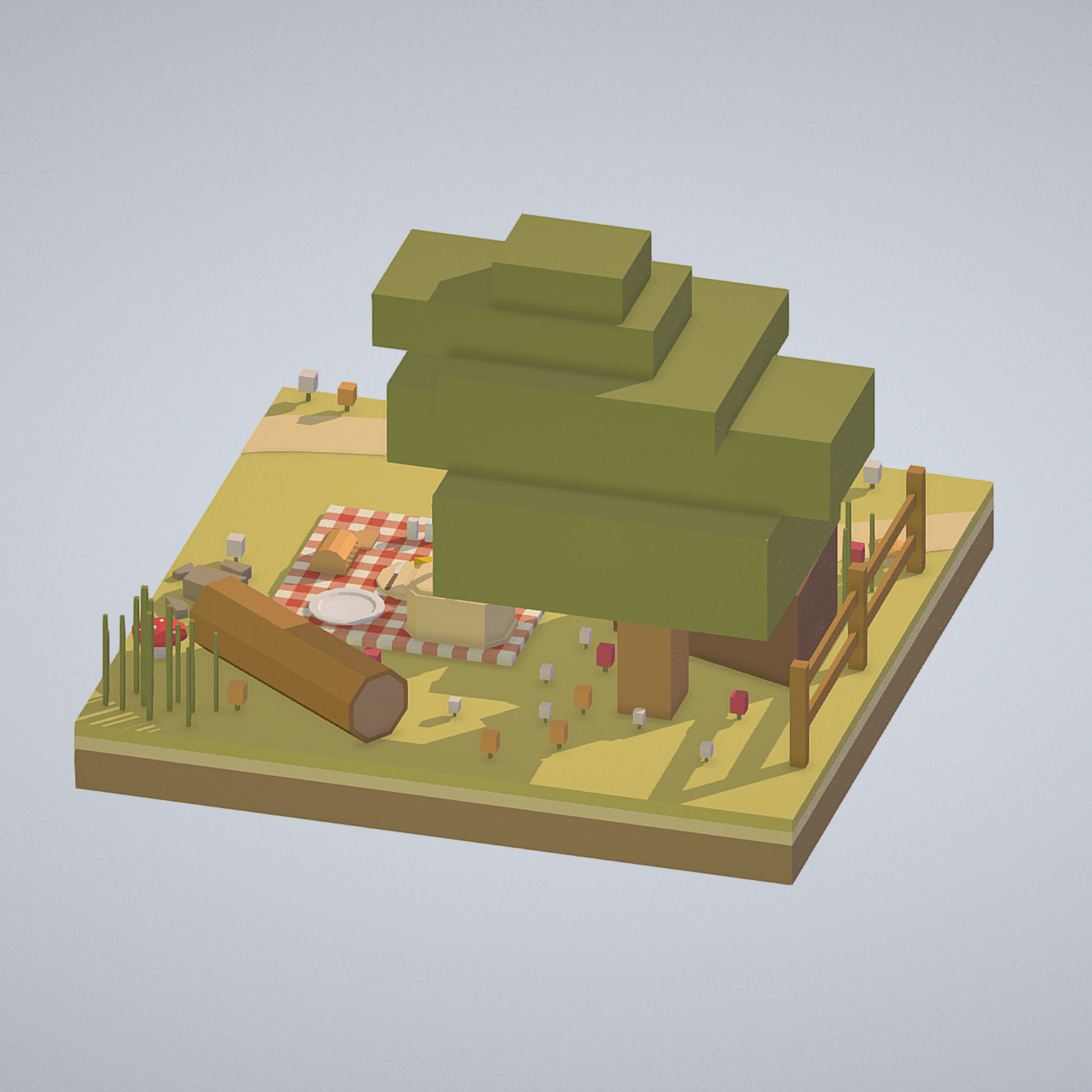 isometric picnic with cheese and wine under a tree Low-poly 3D model_2