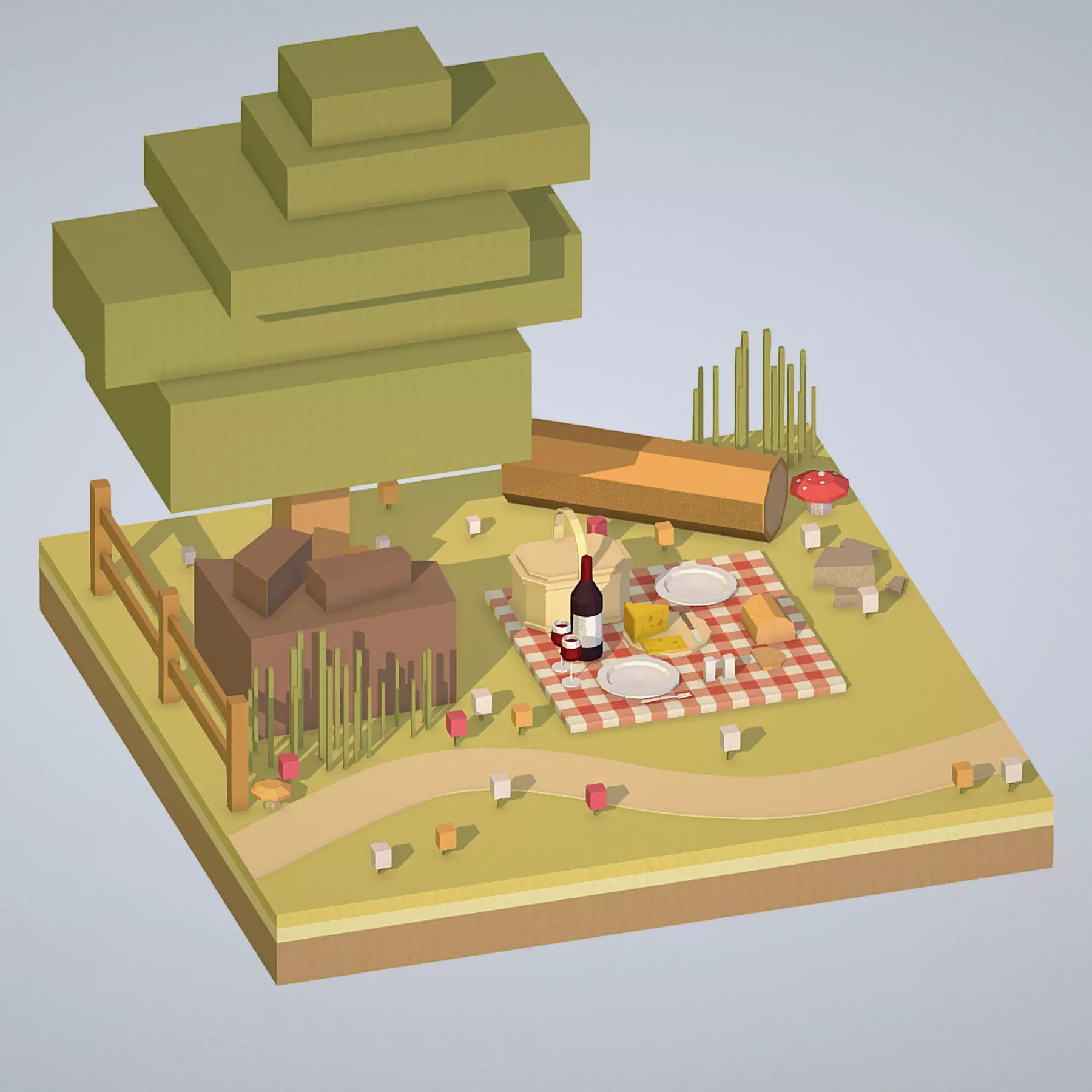 isometric picnic with cheese and wine under a tree Low-poly 3D model_0