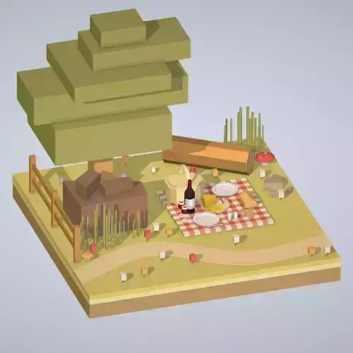 isometric picnic with cheese and wine under a tree Low-poly 3D model
