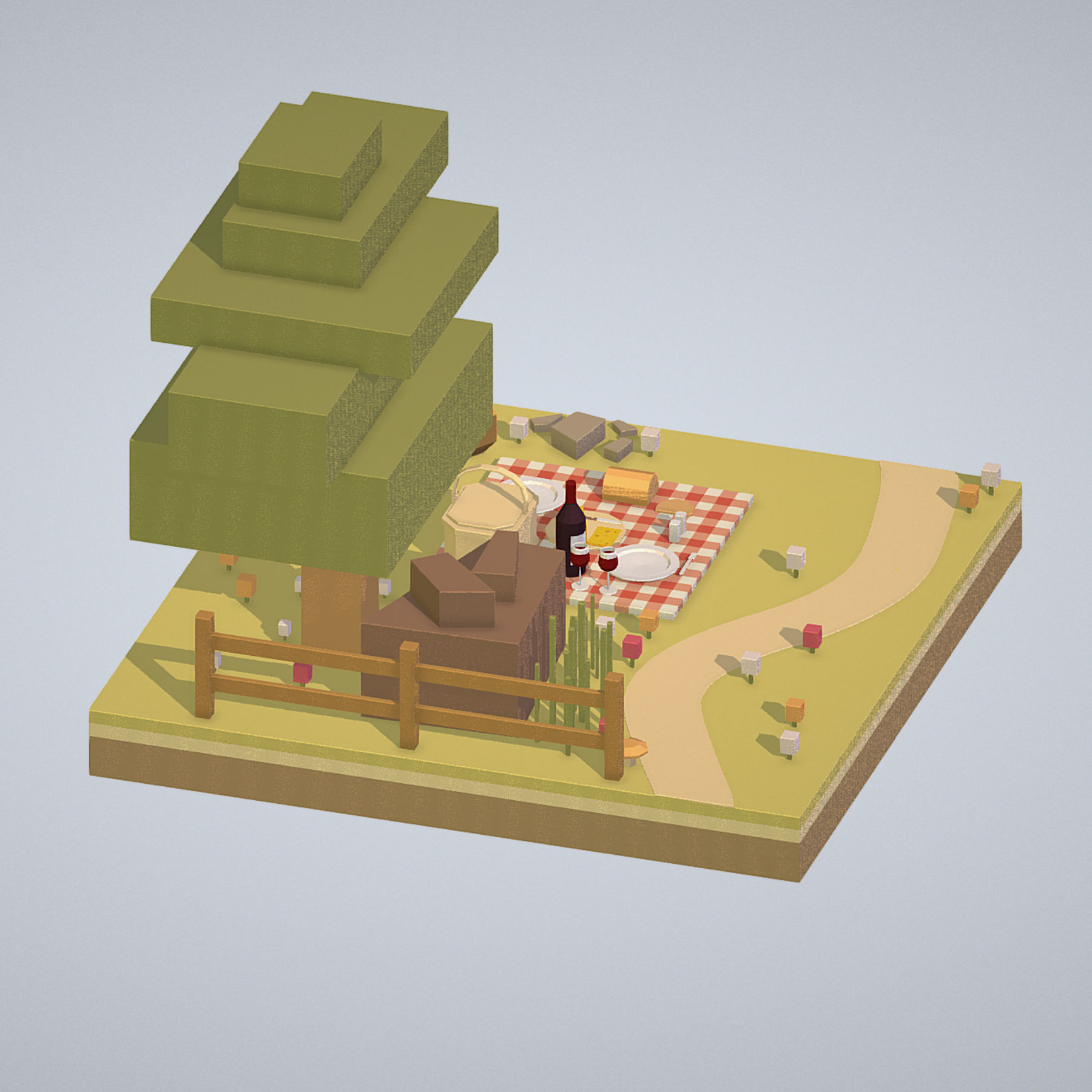 isometric picnic with cheese and wine under a tree Low-poly 3D model_3
