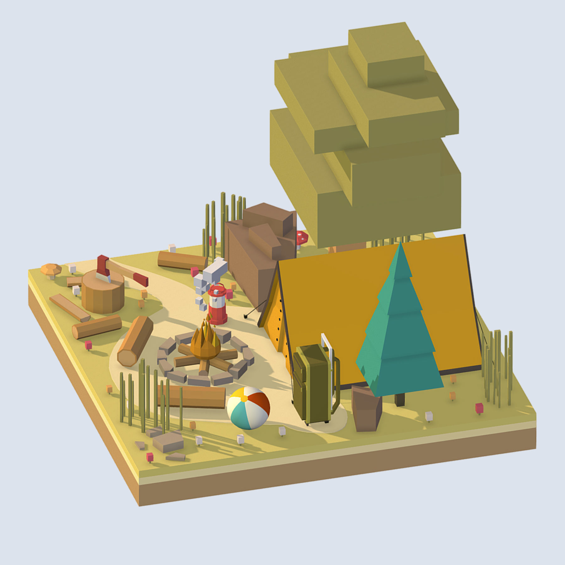 isometric camping ground near a big tree Low-poly 3D model_1
