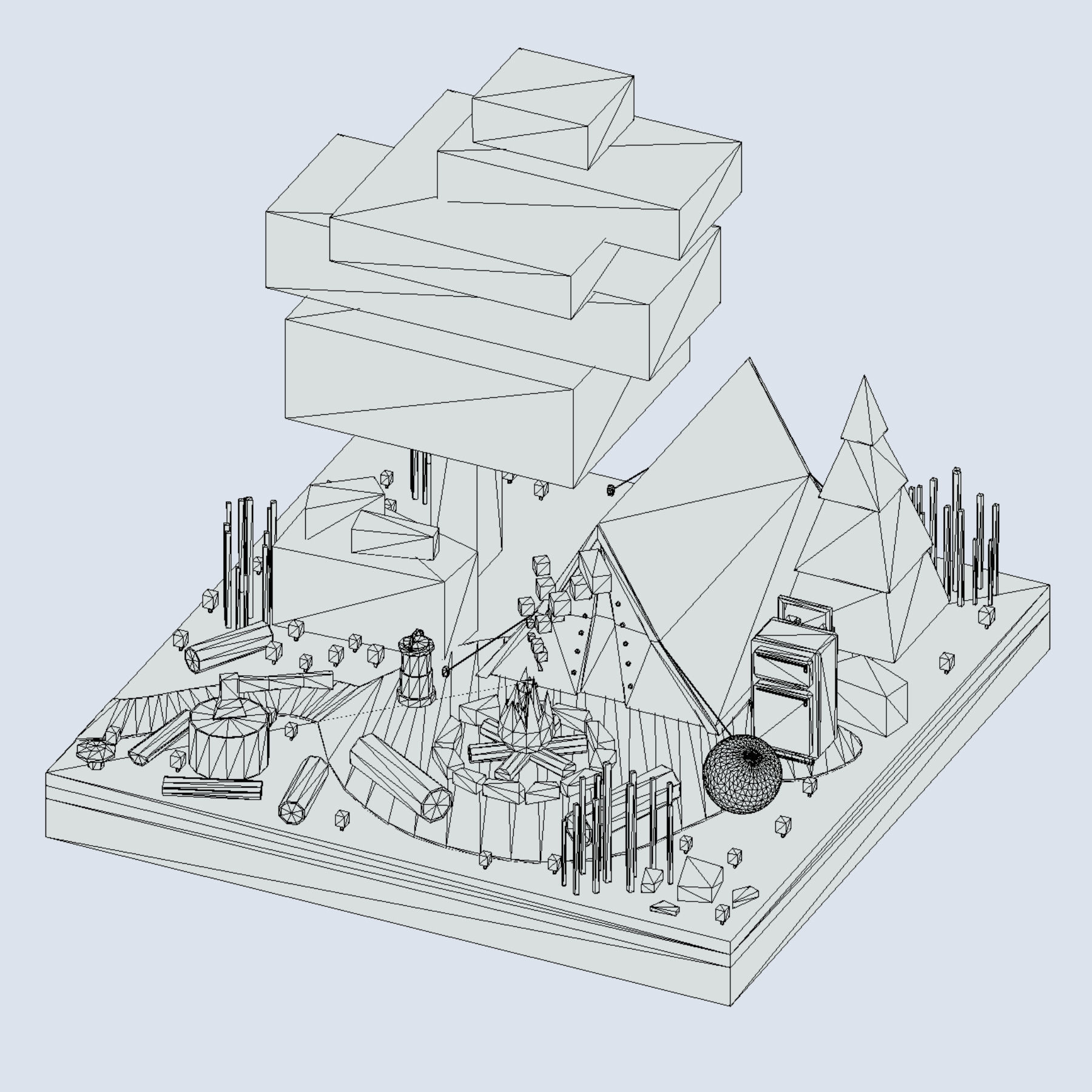 isometric camping ground near a big tree Low-poly 3D model_5