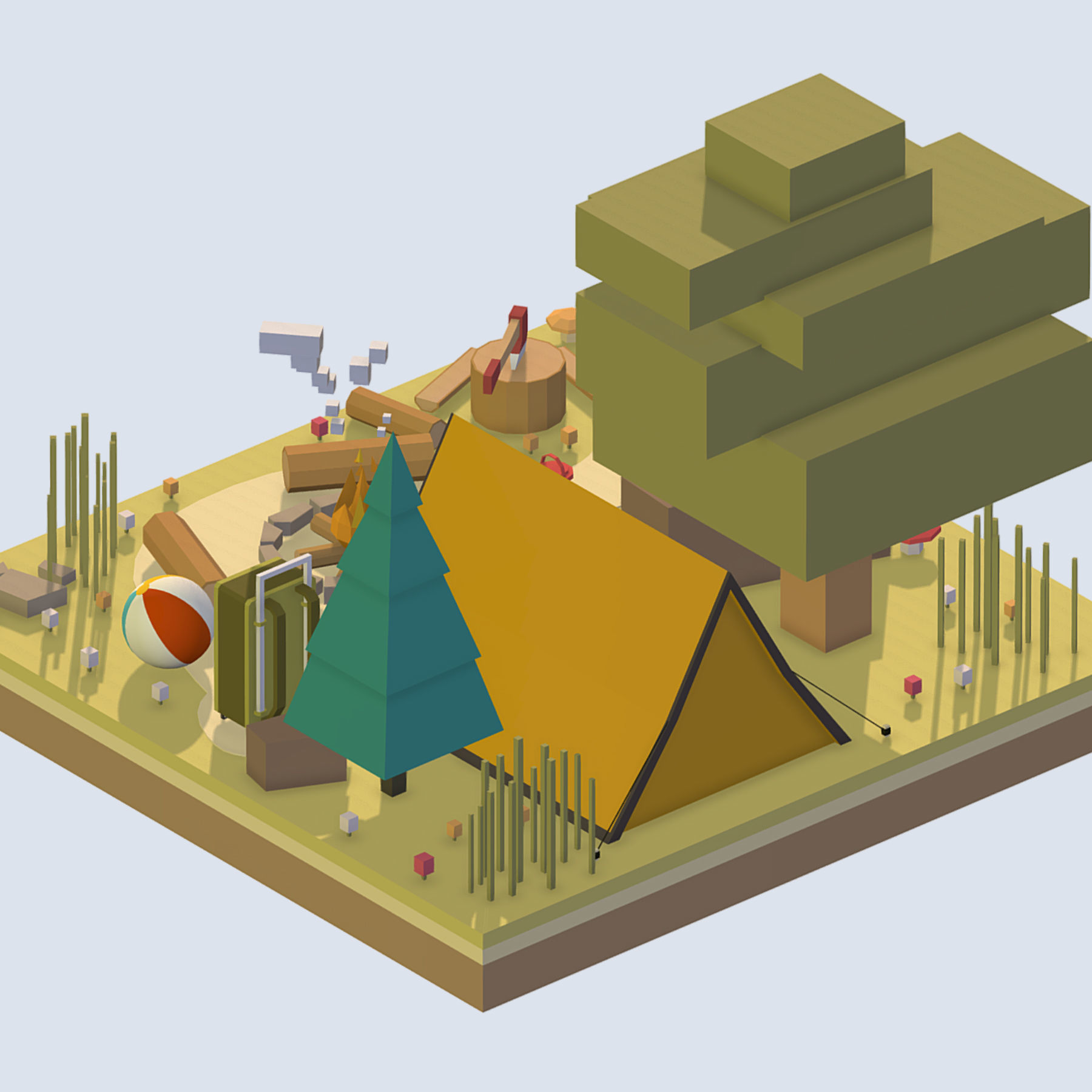 isometric camping ground near a big tree Low-poly 3D model_2