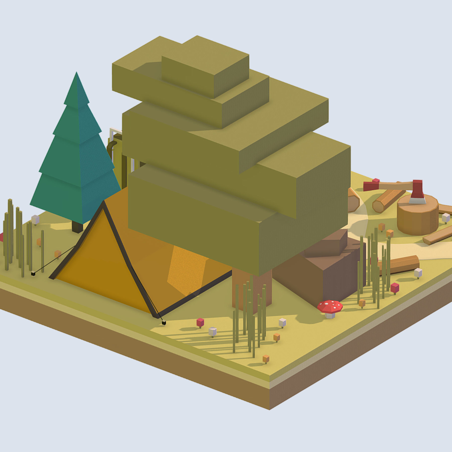 isometric camping ground near a big tree Low-poly 3D model_4