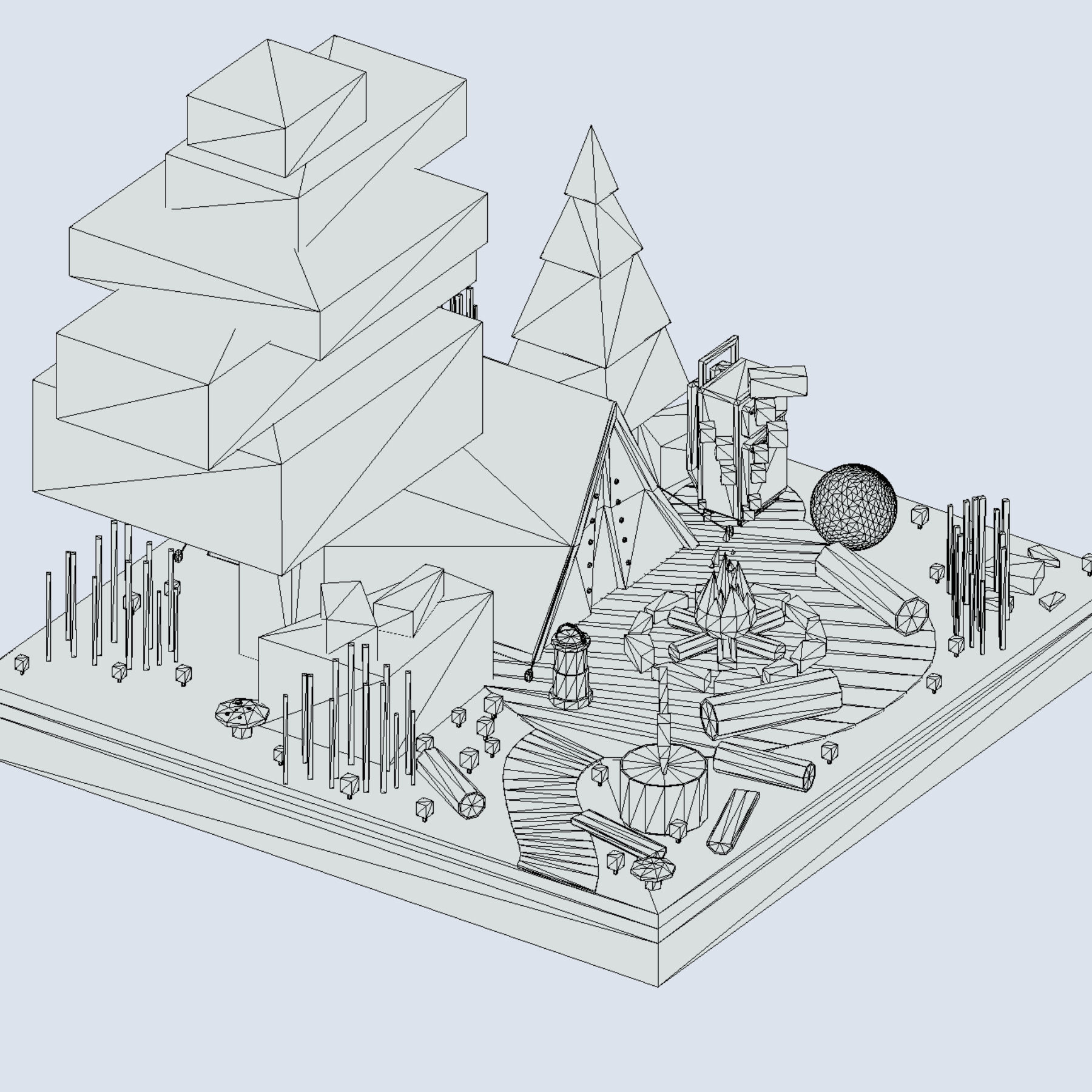 isometric camping ground near a big tree Low-poly 3D model_6