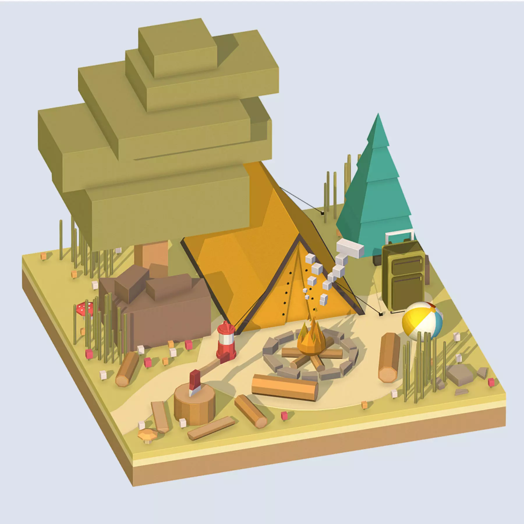 isometric camping ground near a big tree Low-poly 3D model_0