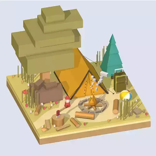 isometric camping ground near a big tree