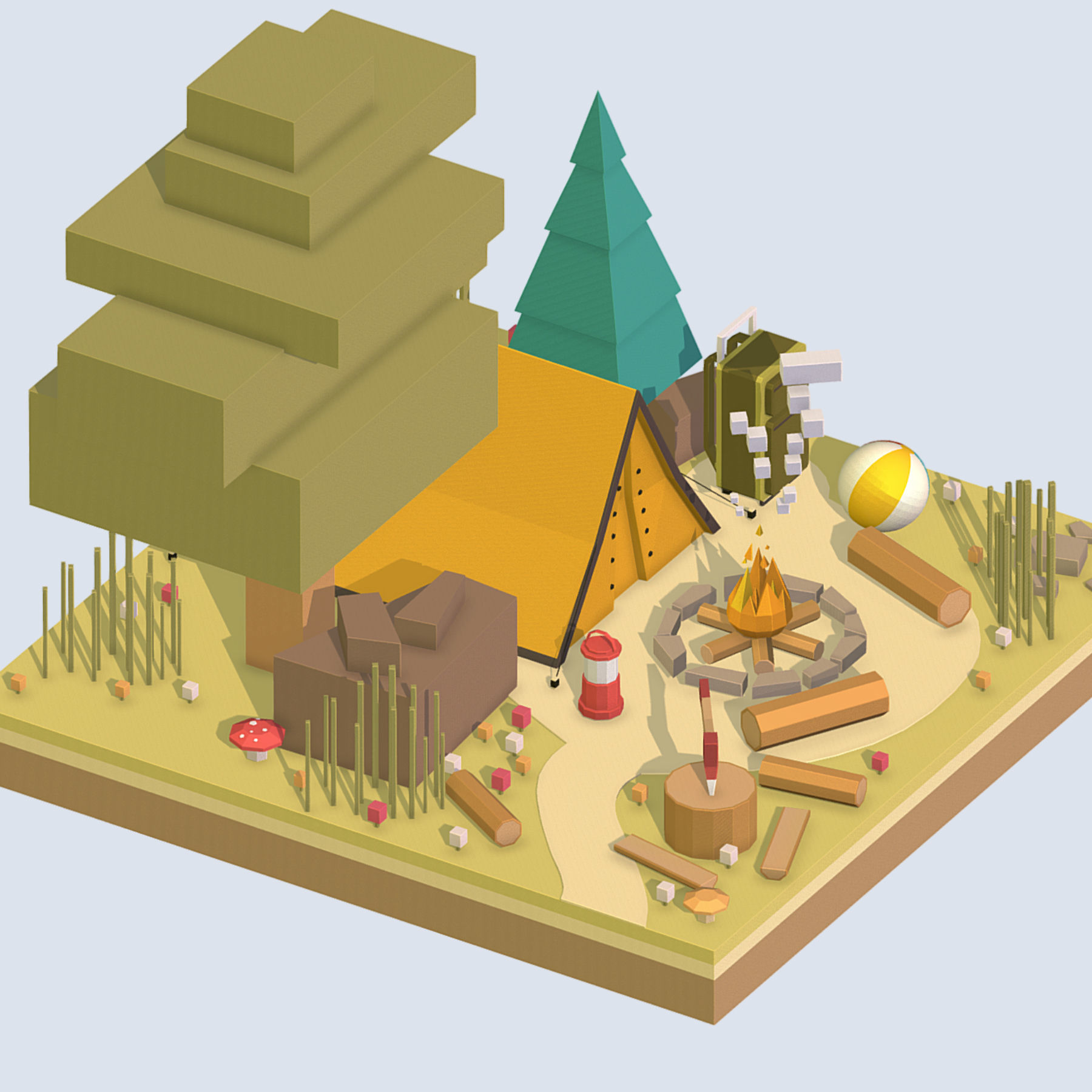 isometric camping ground near a big tree Low-poly 3D model_3