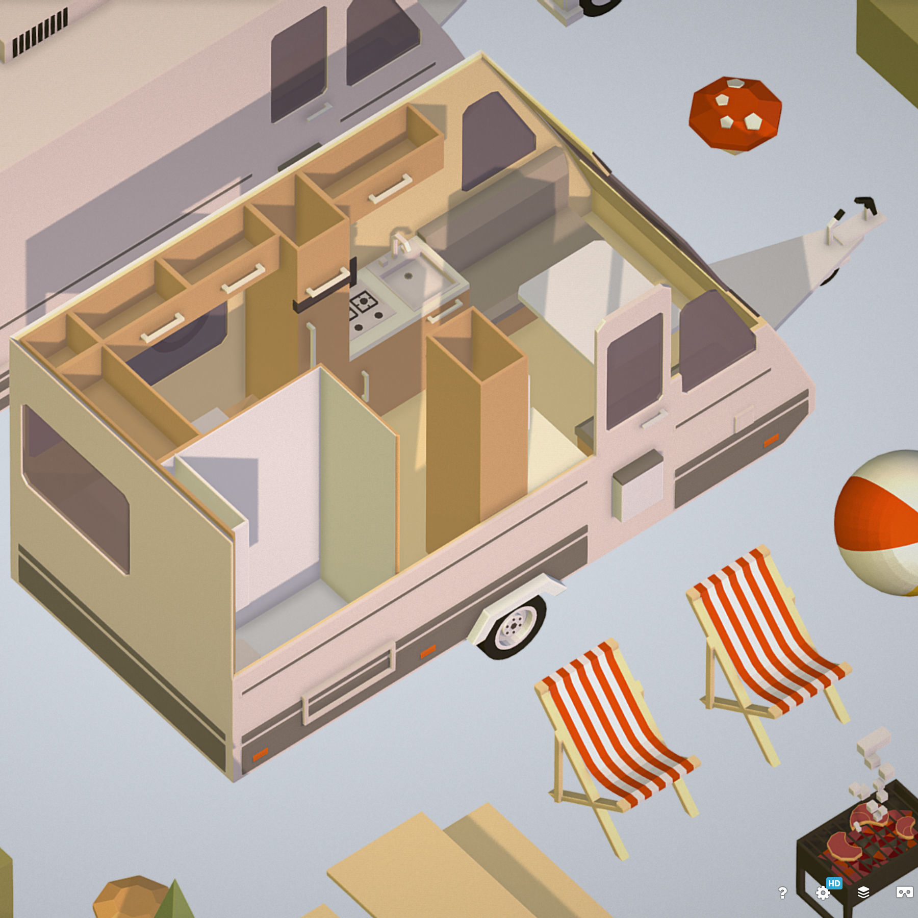 isometric camping van car parked with barbecue Low-poly 3D model_3