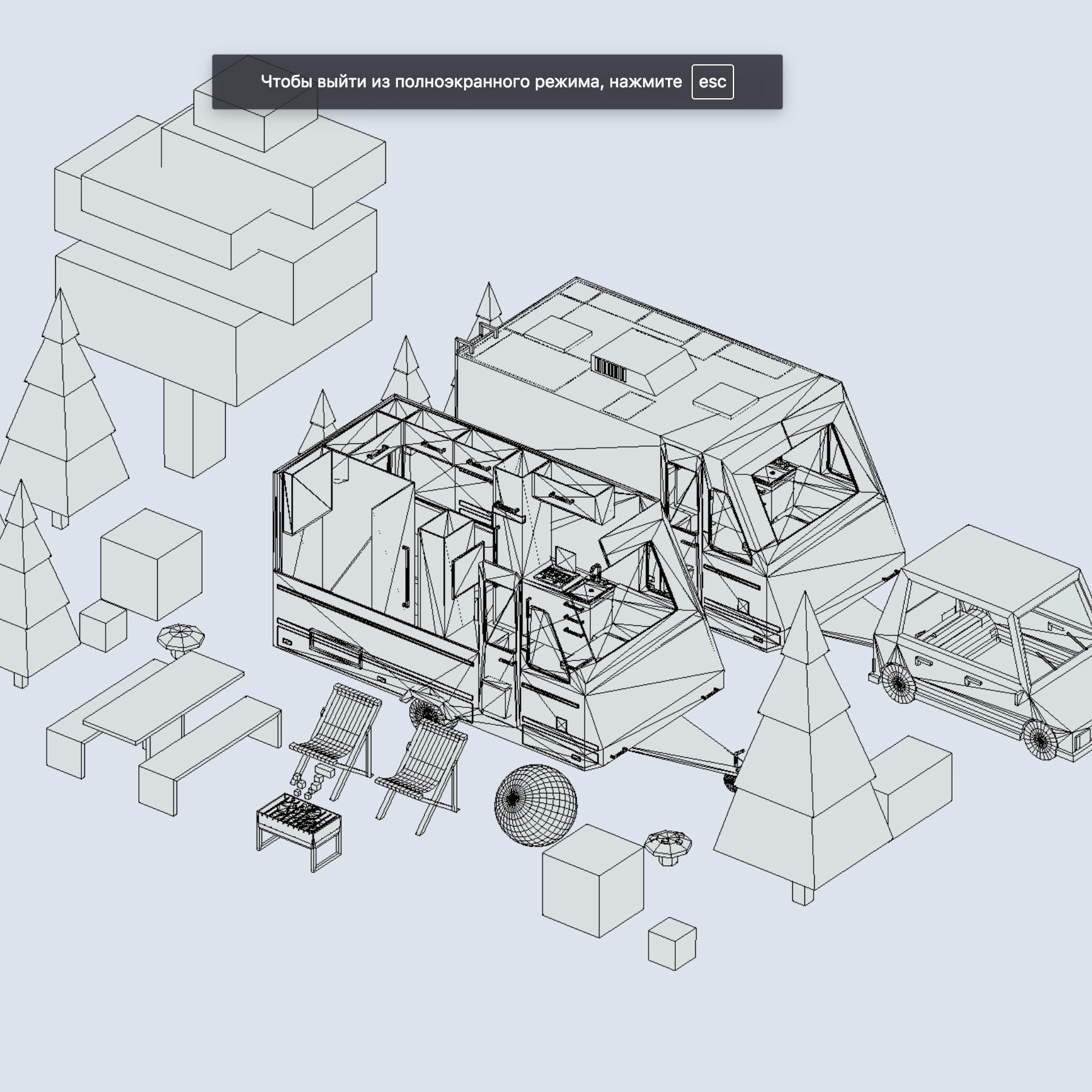 isometric camping van car parked with barbecue Low-poly 3D model_7