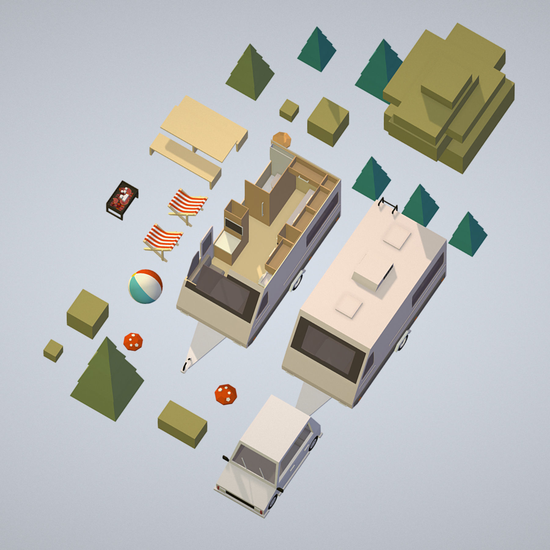 isometric camping van car parked with barbecue Low-poly 3D model_4