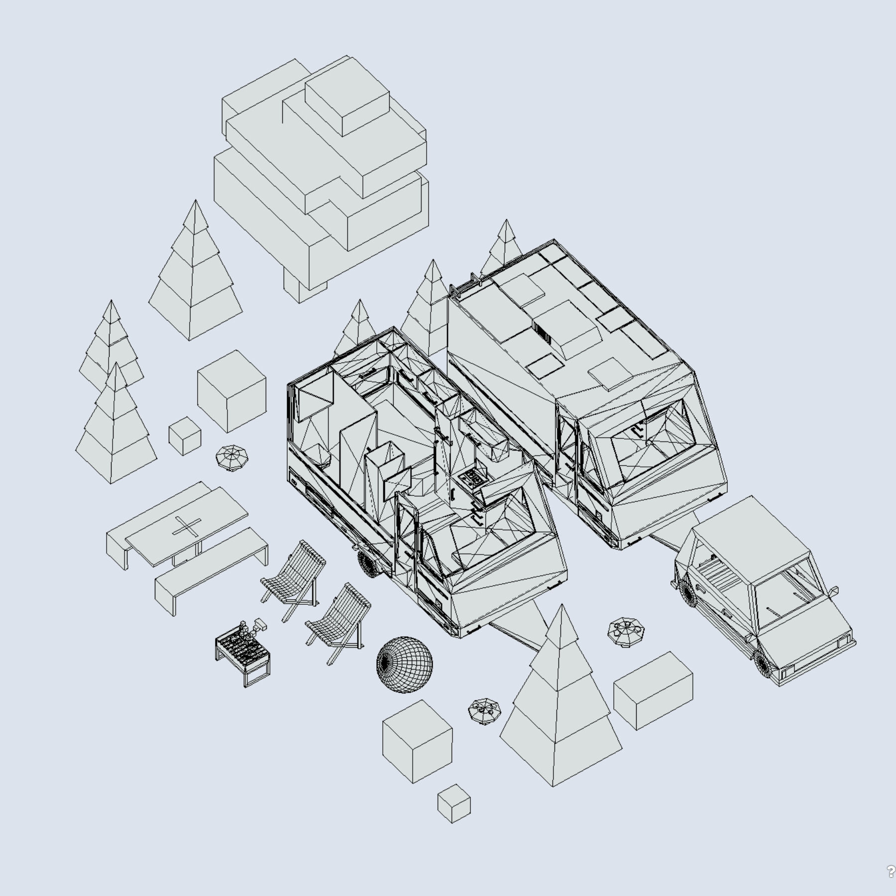 isometric camping van car parked with barbecue Low-poly 3D model_9