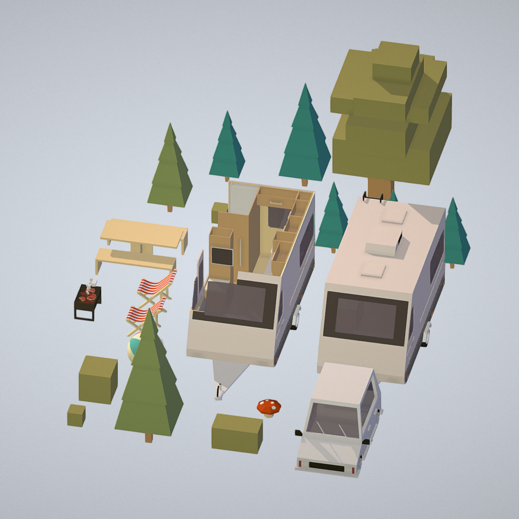 isometric camping van car parked with barbecue Low-poly 3D model_6