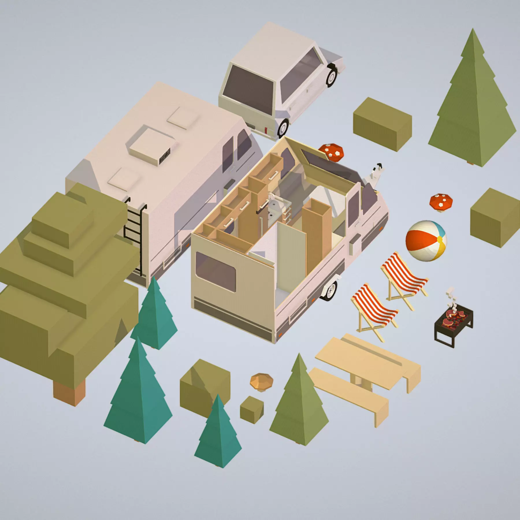 isometric camping van car parked with barbecue Low-poly 3D model_0