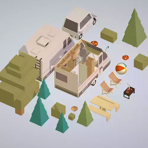 isometric camping van car parked with barbecue Low-poly 3D model