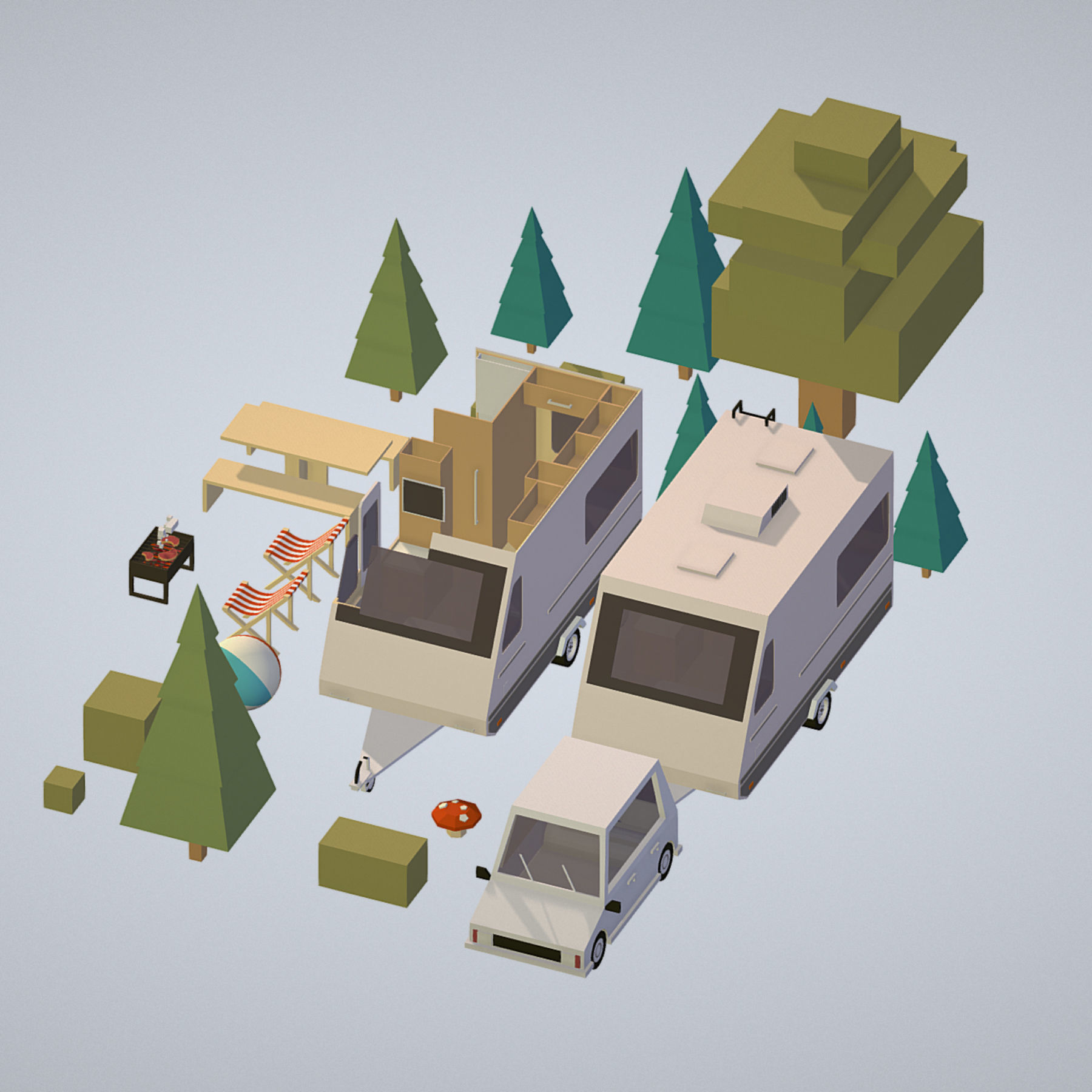isometric camping van car parked with barbecue Low-poly 3D model_5