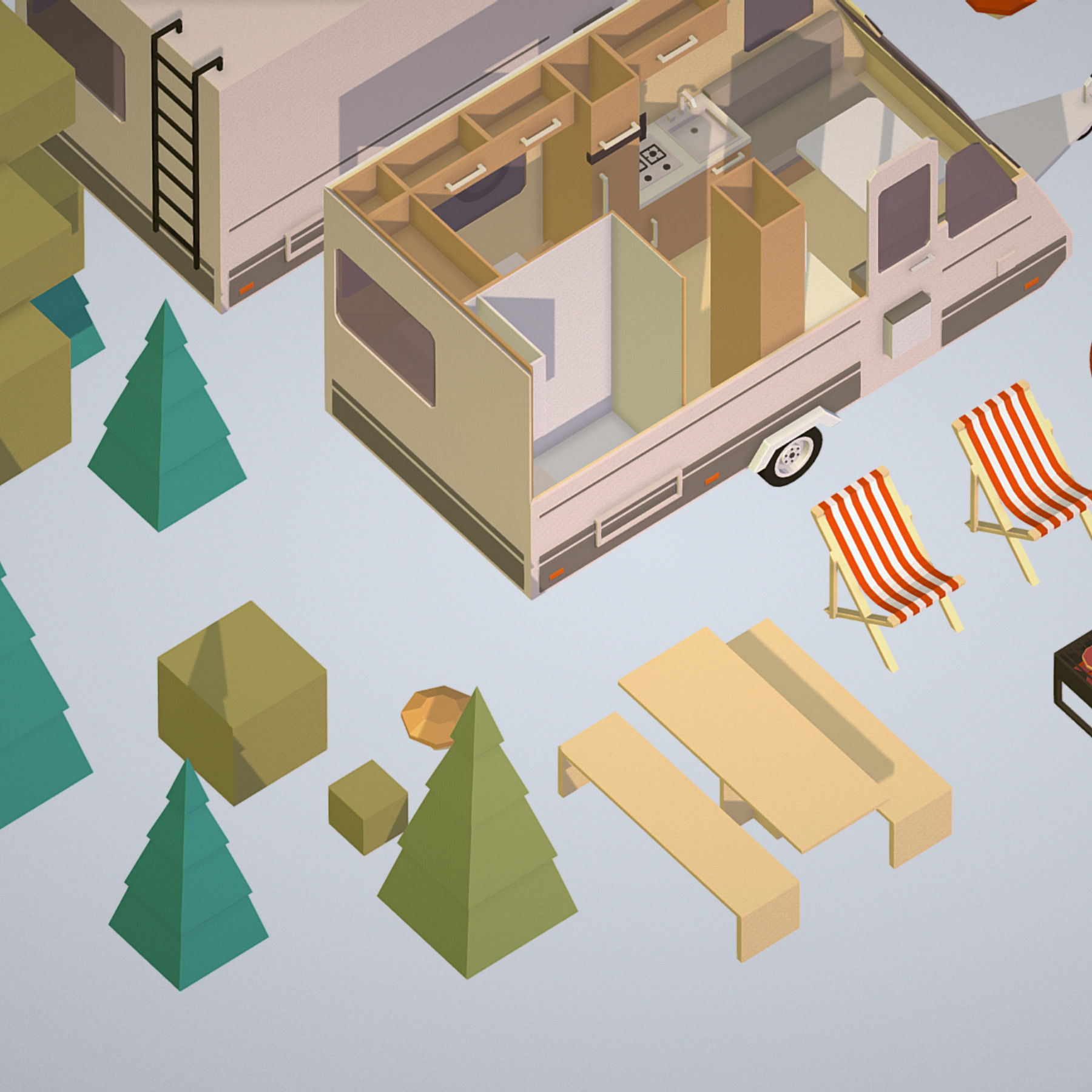 isometric camping van car parked with barbecue Low-poly 3D model_2