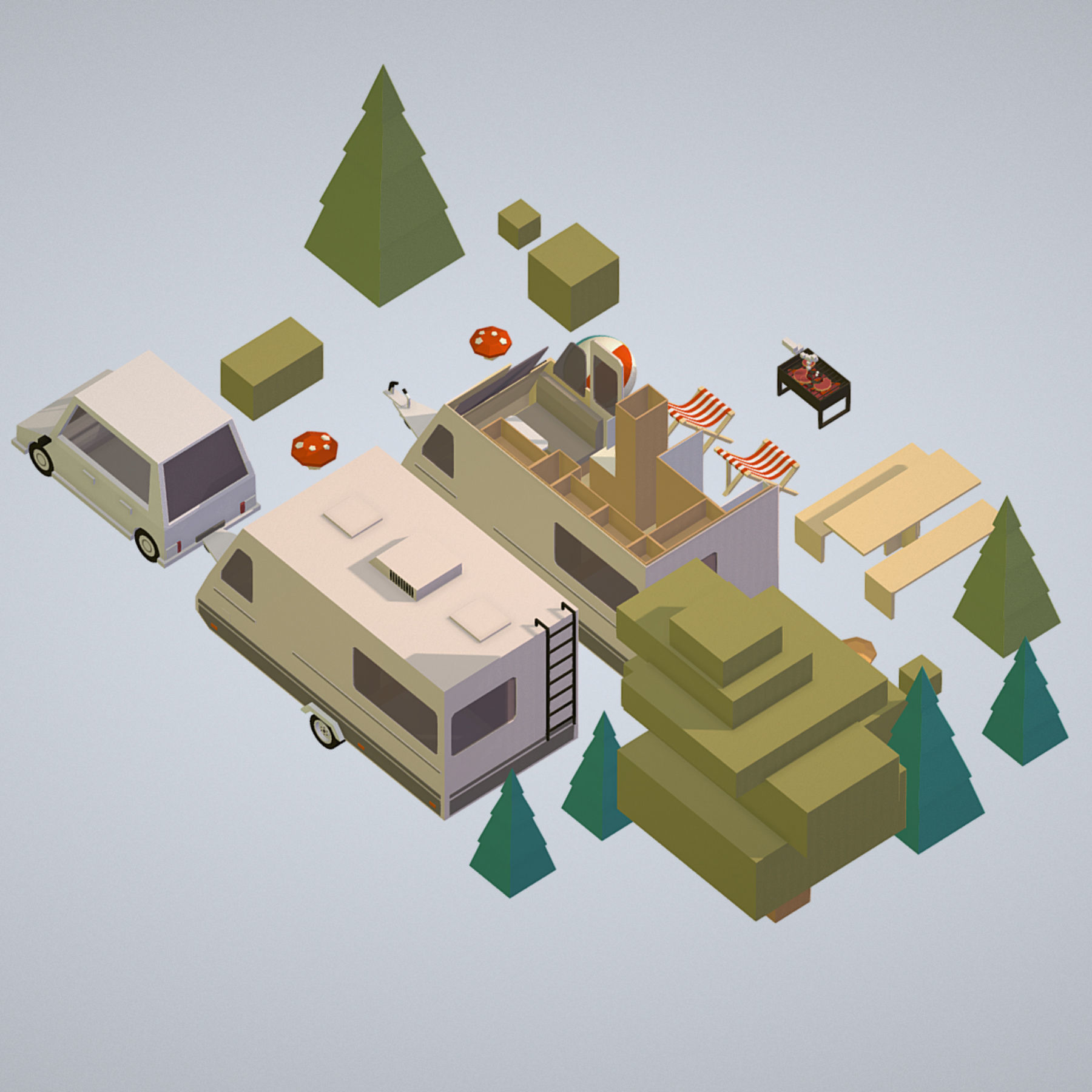 isometric camping van car parked with barbecue Low-poly 3D model_1