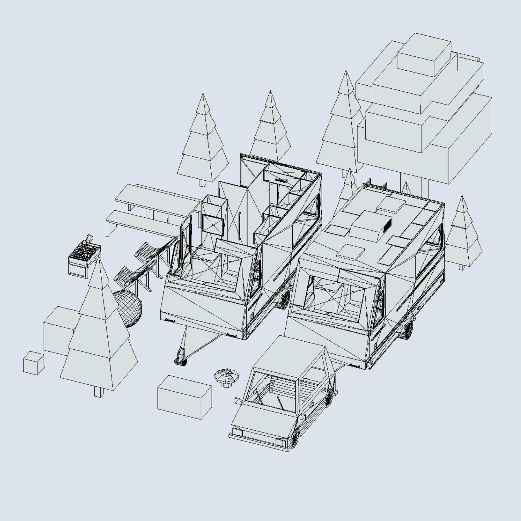 isometric camping van car parked with barbecue Low-poly 3D model_8