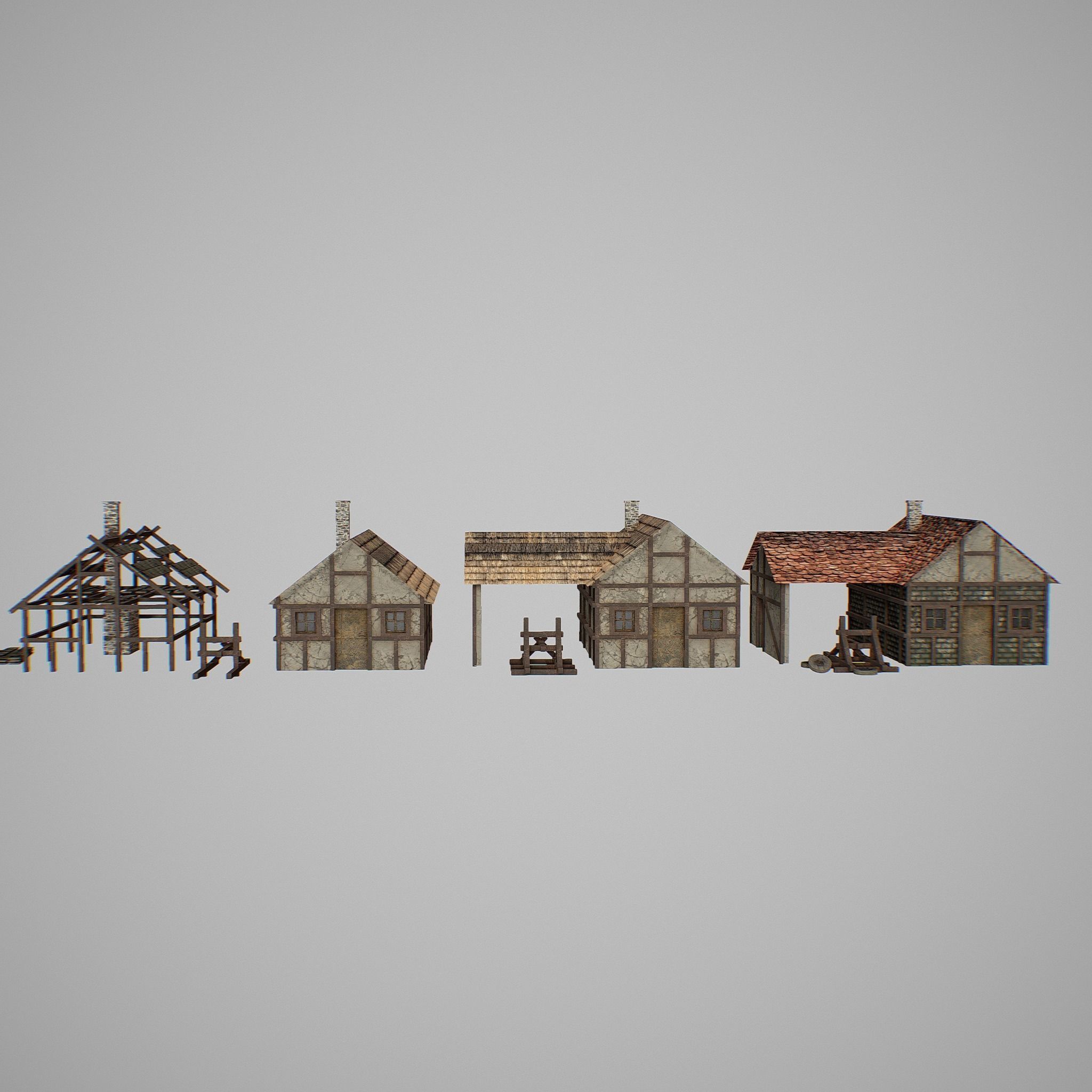 Armory group of wooden buildings Low-poly 3D model_4