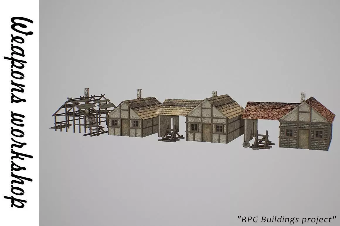 Armory group of wooden buildings Low-poly 3D model_0