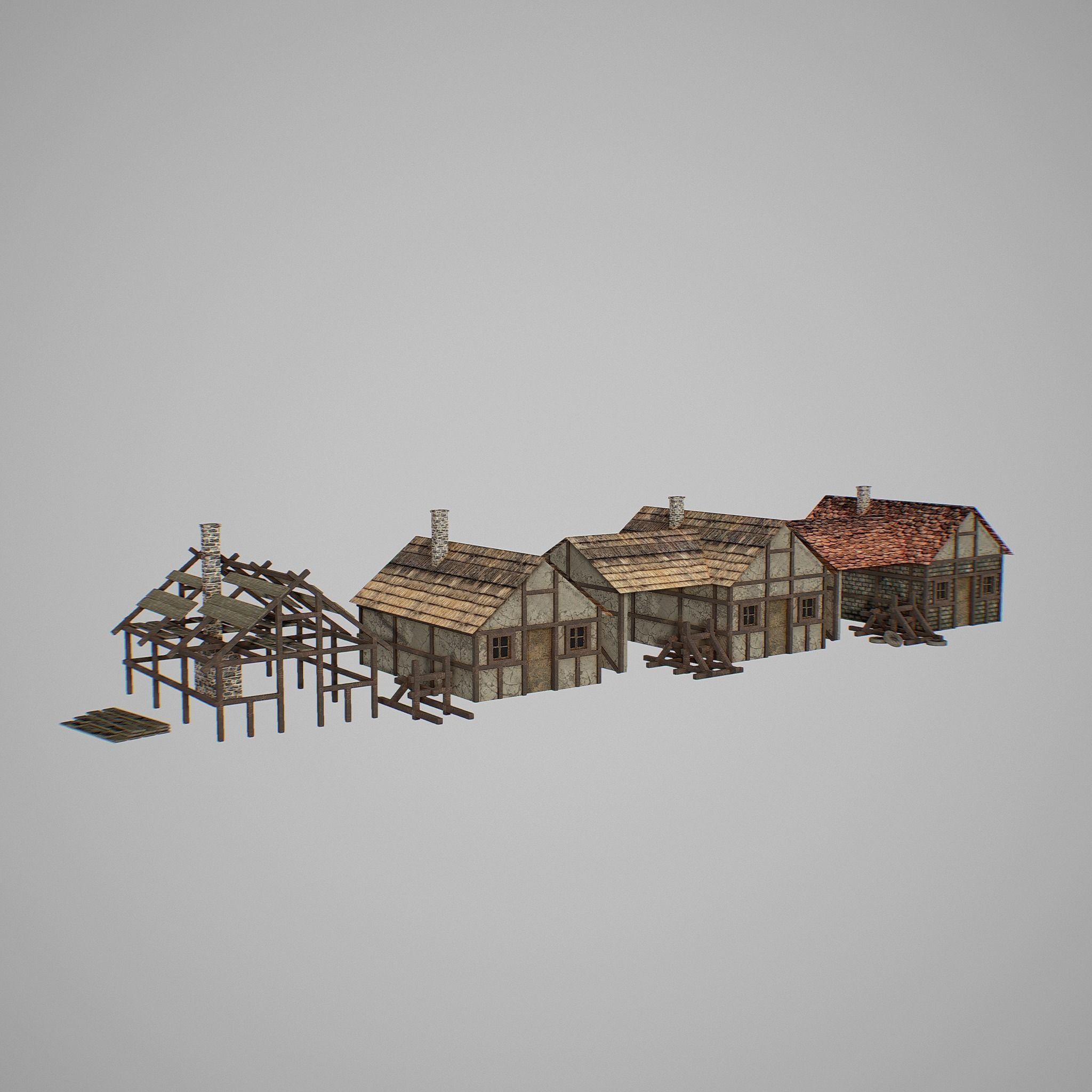 Armory group of wooden buildings Low-poly 3D model_6