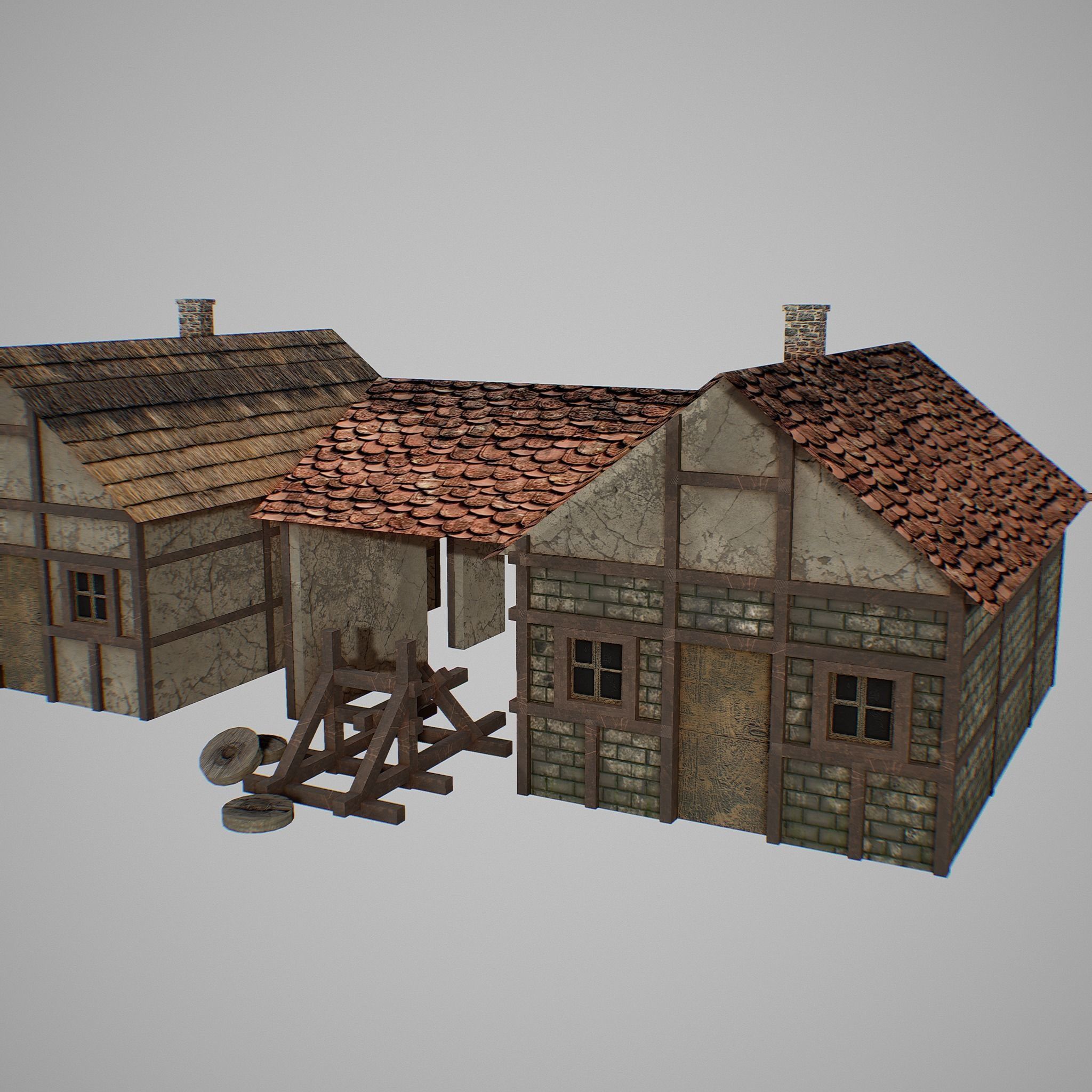 Armory group of wooden buildings Low-poly 3D model_11