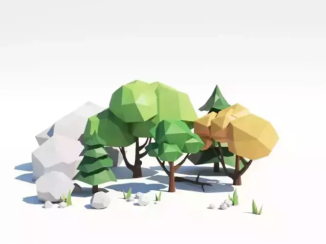 Low Poly Forest Trees Rocks Stones and Grass Low-poly 3D model