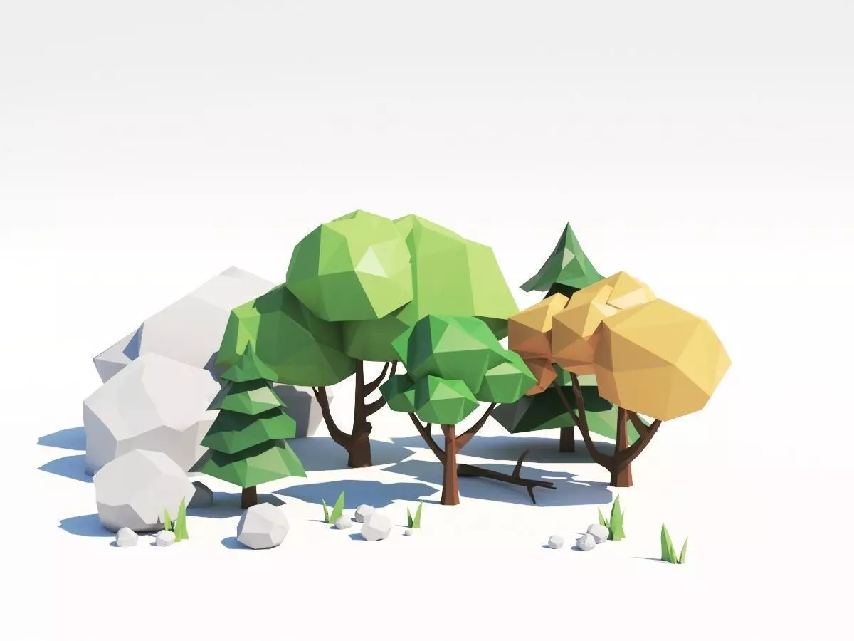 Low Poly Forest Trees Rocks Stones and Grass Low-poly 3D model_0