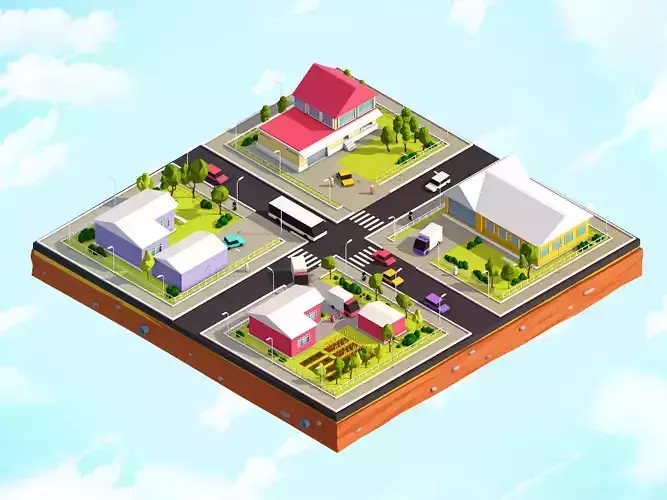 Cartoon Low Poly City Suburbs