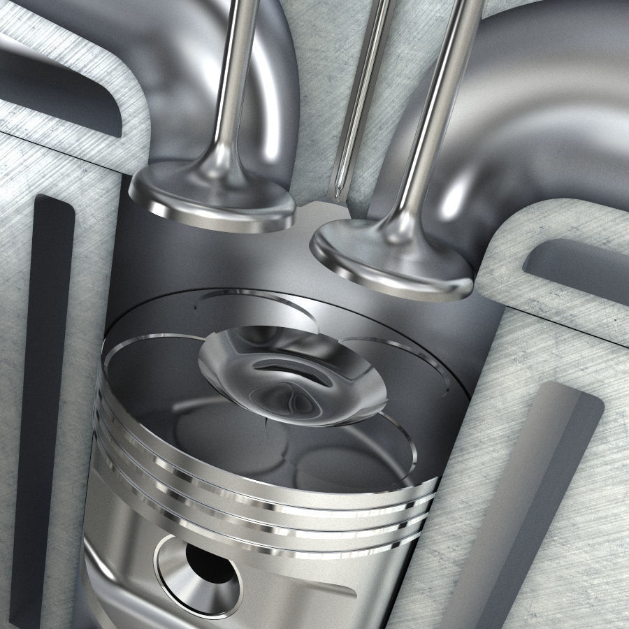 Engine cylinder with piston and valves animated 3D model_3