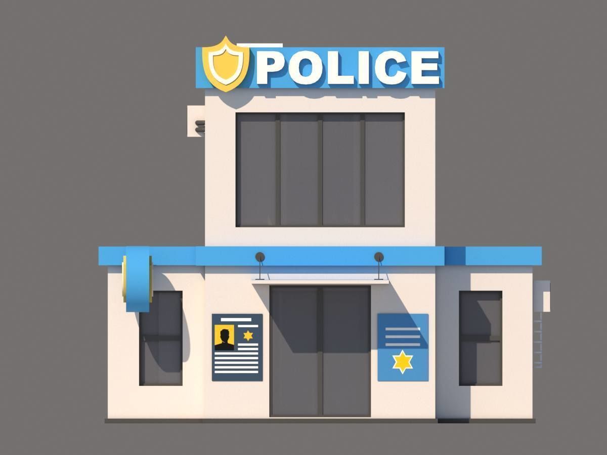 Cartoon Low Poly Police Station Building Low-poly 3D model_5